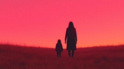 Silhouettes of Mother and Child at Sunset in a Field