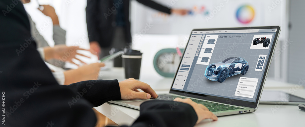 Poster electric car design software on computer screen showing simulation blueprint snugly by digital calcu