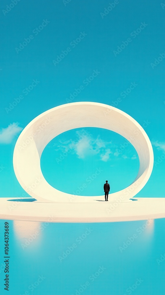 Poster futuristic architecture man standing on circular platform minimalist design sky clouds