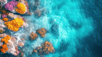 Explore the enchanting underwater landscape where vibrant corals thrive among rocky formations, illuminated by the clear turquoise waters. This serene aquatic scene invites adventure.