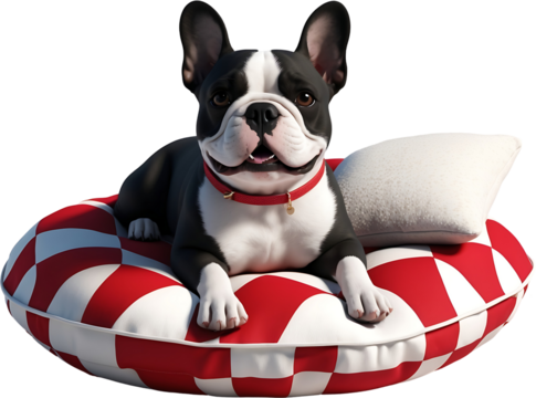 French Bulldog Relaxing on Red and White Bed