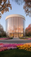 Obraz premium Modern Glass Building with Floral Garden Architecture Design Landscape Entrance Exteri