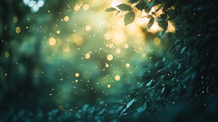 Vibrant green bokeh background featuring soft, natural light filtering through a lush forest canopy with out-of-focus leaves, ideal for nature-inspired designs, calming digital backgrounds, and eco-fr