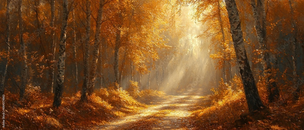 Poster golden sunlight illuminating a forest path