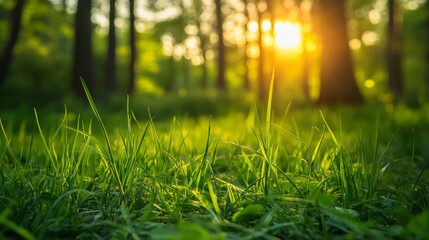 Lush green forest grass illuminated by golden sunset light, close-up nature scene with soft blurred background and shallow depth of field capturing the tranquil beauty of summer