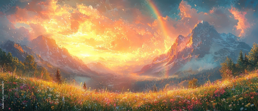 Poster a rainbow arcs over a mountain range at sunset with a wildflower meadow in the foreground