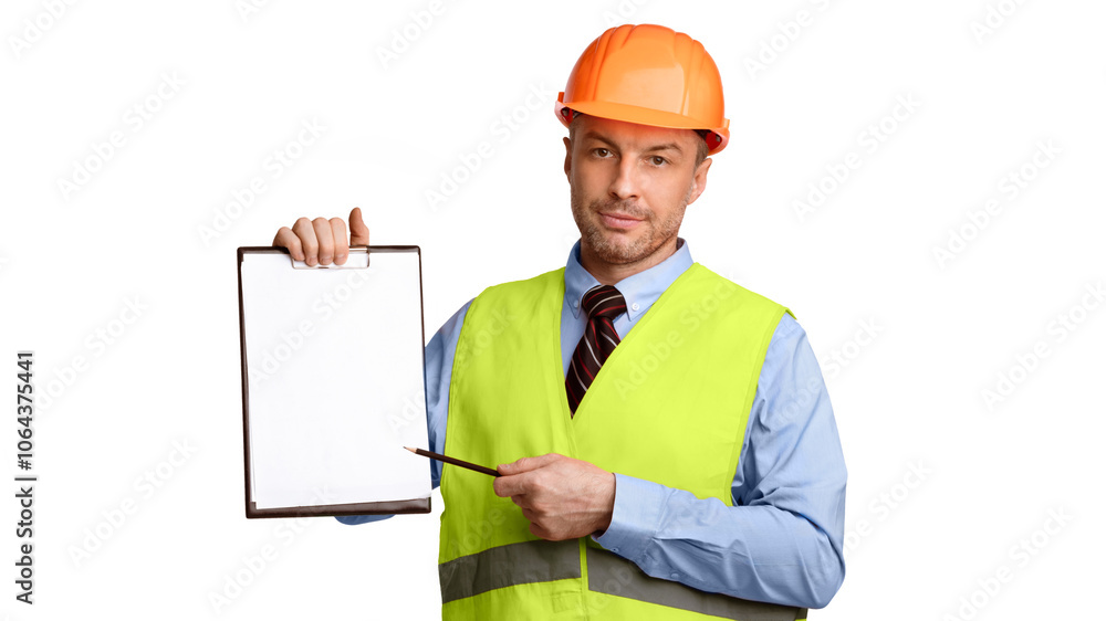 Poster Building Job. Professional Builder Worker Offering To Sign Labor Contract Showing Folder With Papers Standing Over White Studio Background. Housebuilder Offers Employment. Panorama