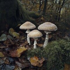 Fototapeta premium A detailed image of three mushrooms standing tall in the shaded undergrowth, their fragile caps glistening with morning dew. The surrounding forest floor is covered in moss and fallen leaves, while