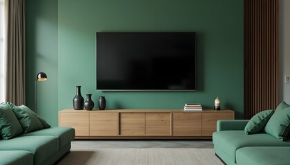 A spacious living room featuring a green wall-mounted TV on a sleek cabinet. The green sofa, with contrasting white and gold pillows, faces the TV. Elegant decor accessories, including a stylish lamp 