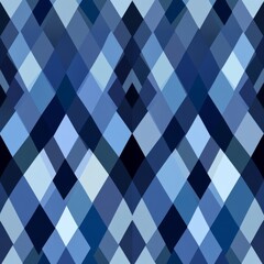 A seamless pattern featuring interlocking diamond shapes in various shades of blue, ranging from deep navy to soft sky blue. The intricate geometric design forms a repeating background with sharp
