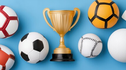 Athlete Raising a Trophy with Sports Equipment in the Background Trophy held high with sports gear around, 3D illustration