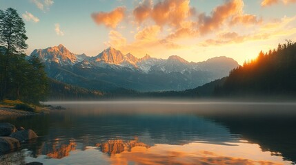 Fototapeta premium misty morning at lacu rosu lake with foggy sunrise over the serene landscape of harghita county, romania, capturing the tranquility of nature in the heart of europe