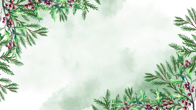 Watercolor Christmas border background animated watercolor fir branches, space for text. Screensaver greeting cards, Christmas natural rustic decorations, holly plant botanical New Year floral frame.