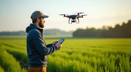 farmer man controls spraying drones remotely on field. Agriculture drone fly. Smart farming concept. Fertilizers, pest control, improve soil condition, precision agriculture.