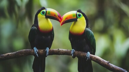 Obraz premium Keel-billed toucan perched on forest branch in costa rica, capturing the vibrant colors of the tropical ramphastos sulfuratus bird in its natural habitat amidst lush central american rainforest—ideal 