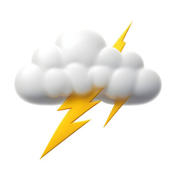 A white cloud with a yellow lightning bolt weather icon in a playful plastic style, isolated on a transparent background.