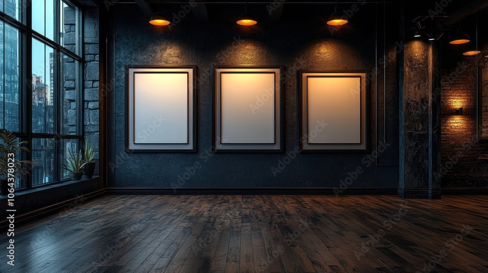 Poster three empty frames in a dark loft room with wooden floor