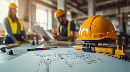 A group of construction workers are wearing hard hats and looking at blueprints