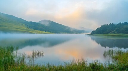 Obraz premium serene misty morning at lacu rosu lake with foggy summer sunrise and lush greenery reflections, capturing the tranquil beauty of nature in harghita county, romania, europe