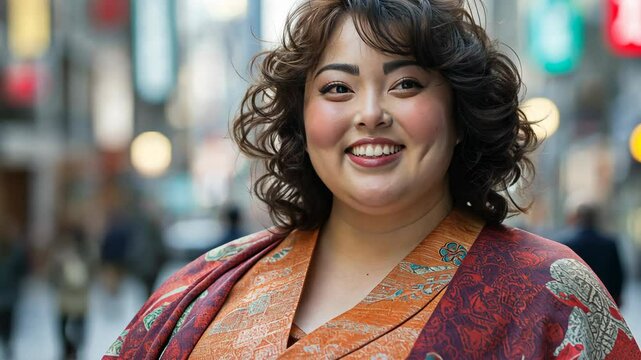 portrait of young pretty plus size woman smiling walking at city street, optimistic fun and cheerful	
