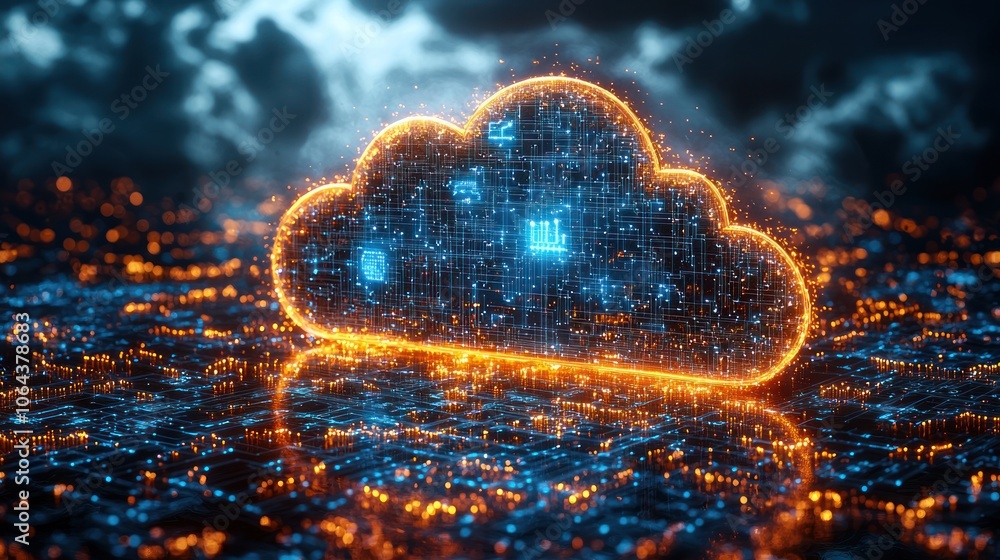 Poster Glowing Cloud Symbol with Circuitry and Bokeh Lights