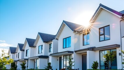 Modern White Townhouses in Suburban Development with Sun Flare - Contemporary Residential Architecture and Real Estate Photography