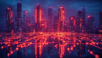 Obraz premium Illuminated Skyscrapers Reflected in a Network of Lights
