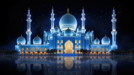 Sheikh Zayed Grand Mosque In Abu Dhabi Illuminated At Night With Reflective Water Surface