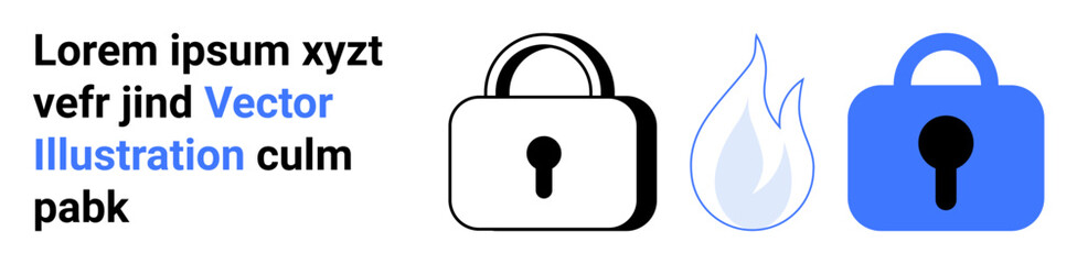 Black padlock, blue flame, and blue padlock representing security, protection, and firewall. Ideal for cyber security, data protection, web services, network security, software, technology