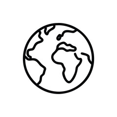 Black Outline Earth Icon with Continents, Simple black outline icon of Earth showing continents, symbolizing global reach, geography, and international connections in minimal style.