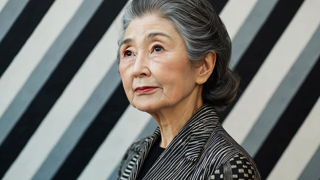 senior old Japanese woman wearing black white pattern shirt with confident look standing at stripes wall 