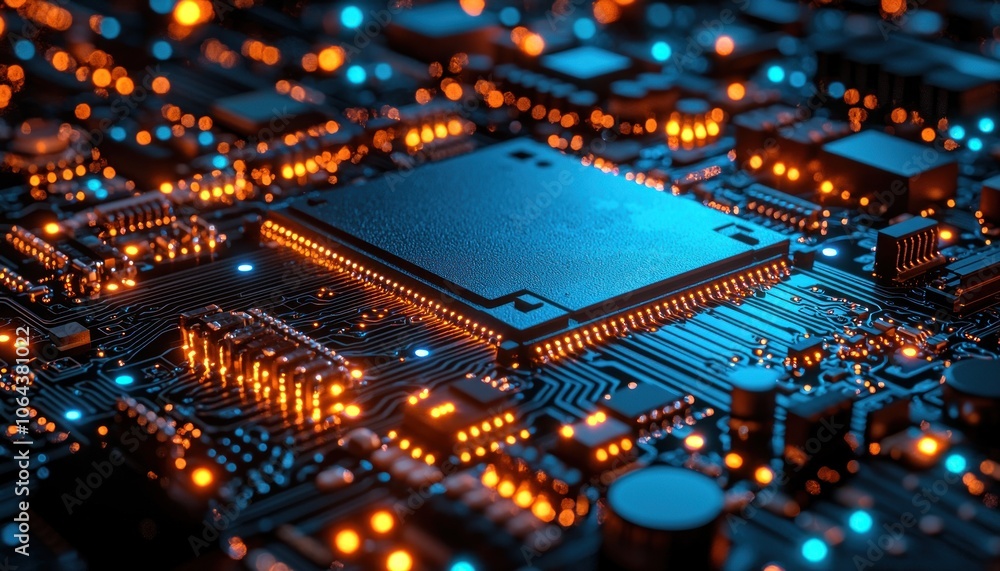 Poster Close-up of a Circuit Board with a Processor Chip and Glowing Lights
