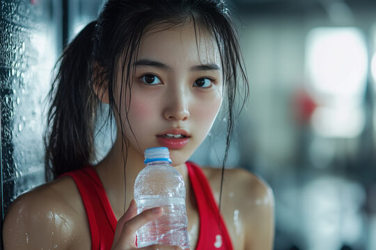 Chinese woman holding health drink in exercise, gym locker background