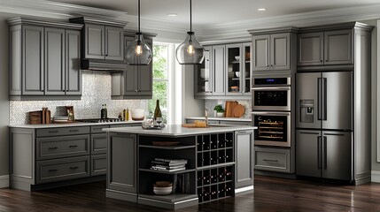 Fototapeta premium Sophisticated and Well Appointed Modern Kitchen with Elegant Cabinetry and Appliances Spacious open concept kitchen design featuring high end stainless steel appliances