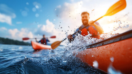 Fototapeta premium Canoers compete vigorously in race creating dynamic water splashes
