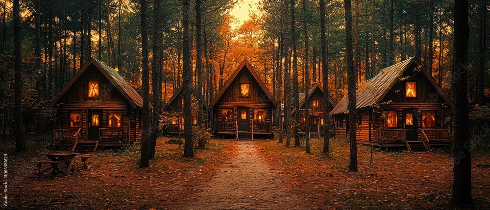 Poster illuminated cabins in a forest path at dusk