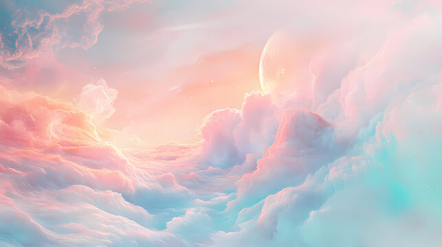 An ethereal dreamscape where clouds of iridescent mist drift across a tranquil landscape, bathed in the soft light of a distant moon. illustration. Dreamscape. Illustration