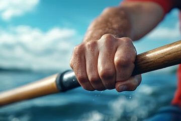 Rower grips oar with intense focus and determination in sports action