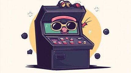 Naklejka premium Retro video game console manga illustration featuring black lenses and a hat emerging from a circle, blending nostalgic gaming elements with a stylish, manga-inspired design.