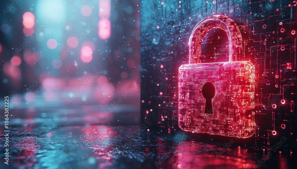 Poster glowing digital lock on a circuit board background