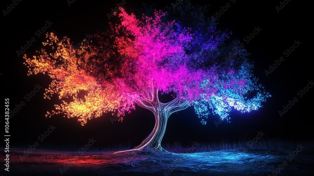 Wall mural glowing neon tree in dark forest landscape with vibrant light effects and illuminated branches, crea