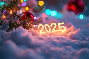 New Year celebration with sparkly numbers surrounded by snow and festive lights