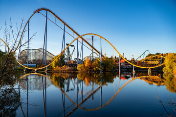 Naklejka premium Roller coasters at Canada's Wonderland. Canada's Wonderland is amusement park. Vaughan, Canada - November 2, 2024.