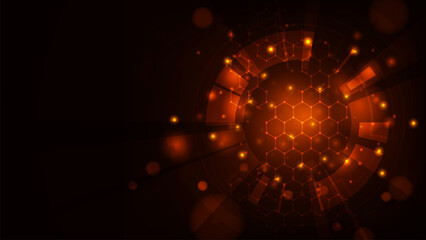 Digital hud sci fi technology with line hexagon concept adstract red light background.