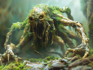 Fototapeta premium Frightening Moss-Covered Creature in a Dark Forest - Digital Art