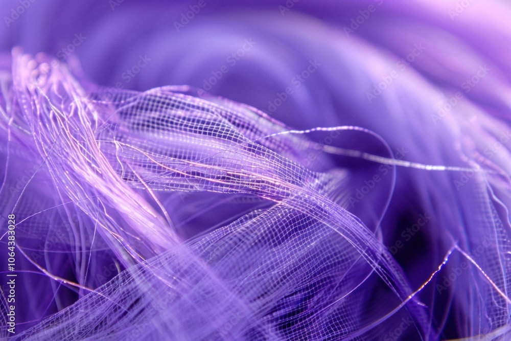 Poster purple translucent fabric background, abstract close up of delicate fibers, shiny texture creating a