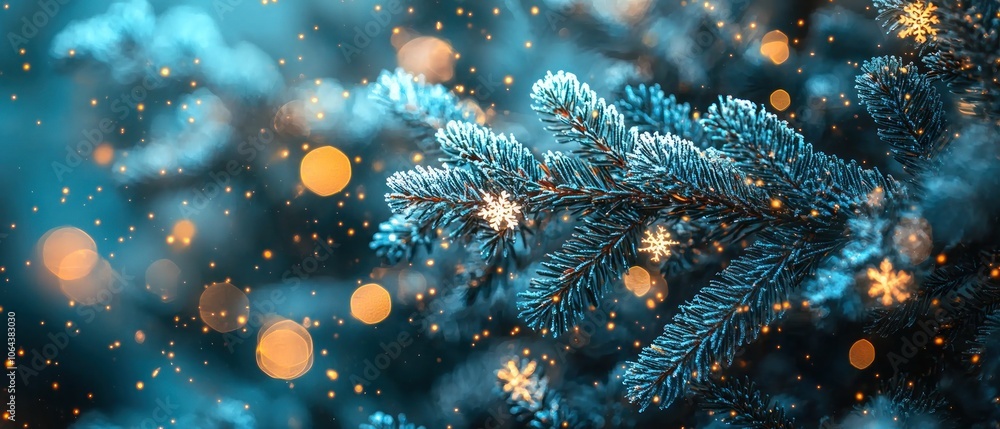 Poster Frosted Pine Branch with Bokeh Lights and Snowflakes