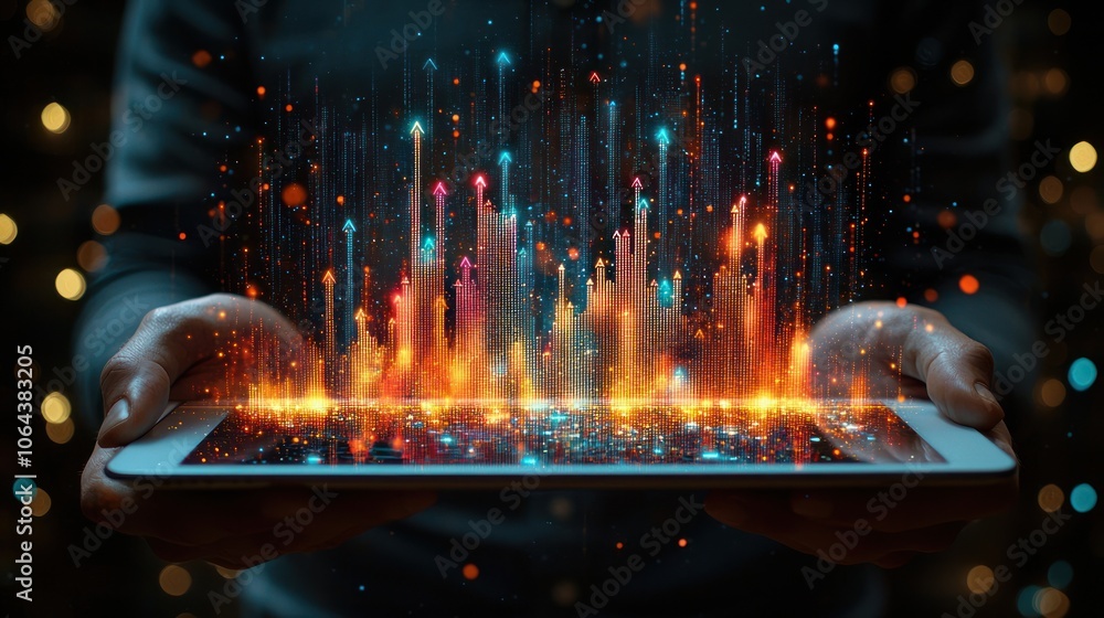 Poster hands holding tablet displaying upward trend data visualization