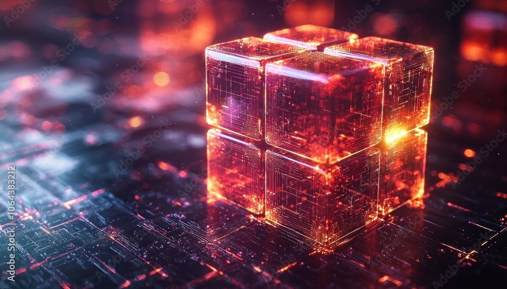Poster Glowing Red Cube with Circuitry on a Dark Surface