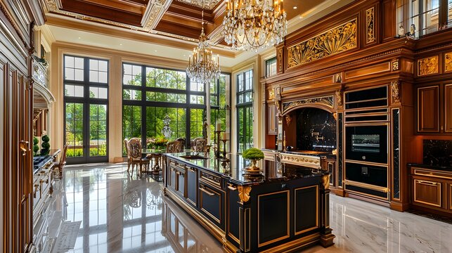 This image showcases an exquisite and sophisticated mansion kitchen that epitomizes high end luxury and elegant design  The grand space features ornate cabinetry a magnificent chandelier